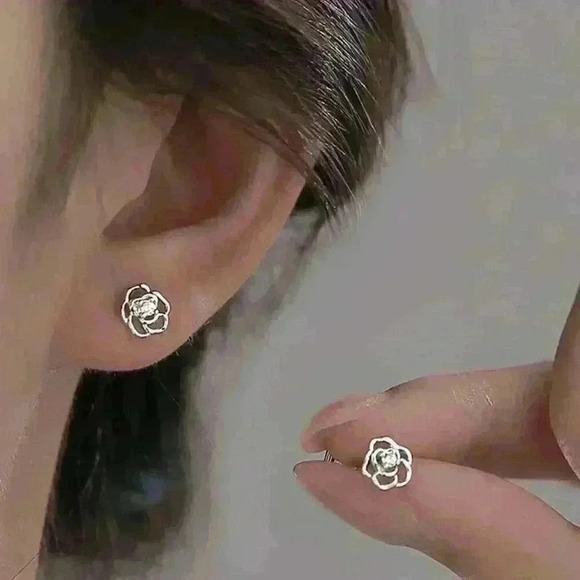 Dainty Small Sterling Silver 925 Rose Stud Earrings with Sparkling Center Stone - Picture 2 of 6